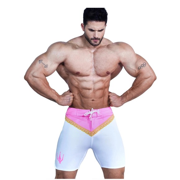 FIED Mens Physique IFBB Board Shorts 26 Royal Pink White Gold Trunks 15